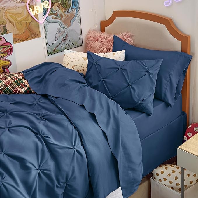 Bedsure Twin Comforter Set Navy - Bed in a Bag Twin Size Bedding 5 Pieces, GentleSoft™ Pintuck Bed Set Gift for Family, Pinch Pleat Navy Comforter with Sheets, Pillowcase & Sham