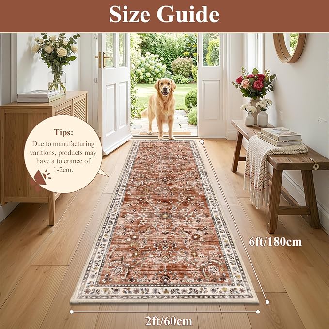 Yamaziot 2x6 Washable Hallway Runner Rug Non Slip Floral Carpet, Brick-red | - Image 2
