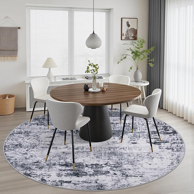 Round Area Rug Living Room: 4 ft Modern Washable Carpet Grey | - Image 7