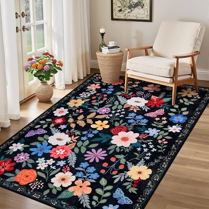 PLHXFR Area Rug Living Room: 3x5 Floral Washable Boho Soft Carpet Black | - Image 4