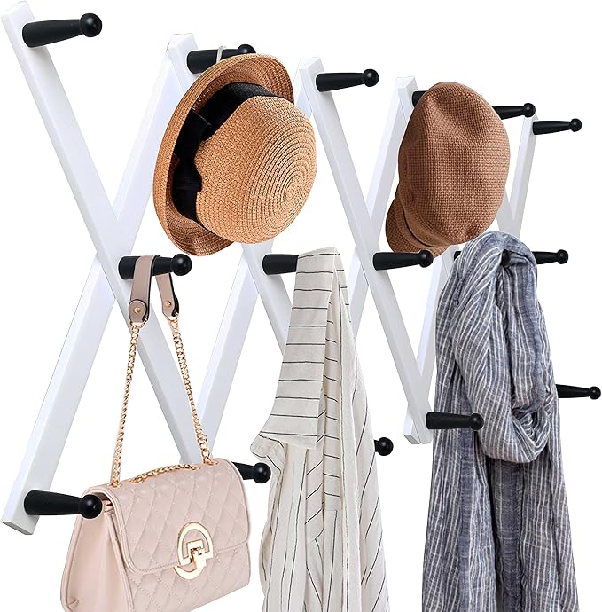 WEBI Accordion Wall Hanger,Expandable Wooden Hat Rack for Wall Mounted Coat Rack,Accordion Hat Hooks Holder for Baseball Caps,17 Peg Hooks,Black on White