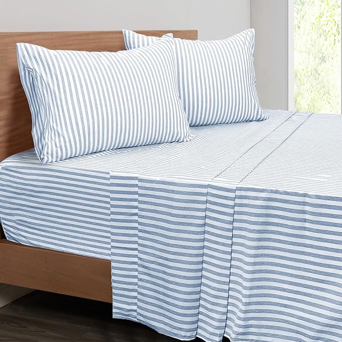 Mejoroom Striped Full Size Sheets - 1800TC Luxury Full Sheets with 16 Inch Deep Pocket - Premium Bedding Collection - Extra Soft, Breathable, Wrinkle, Fade & Stain Resistant - 4 Piece (Blue Stripe)