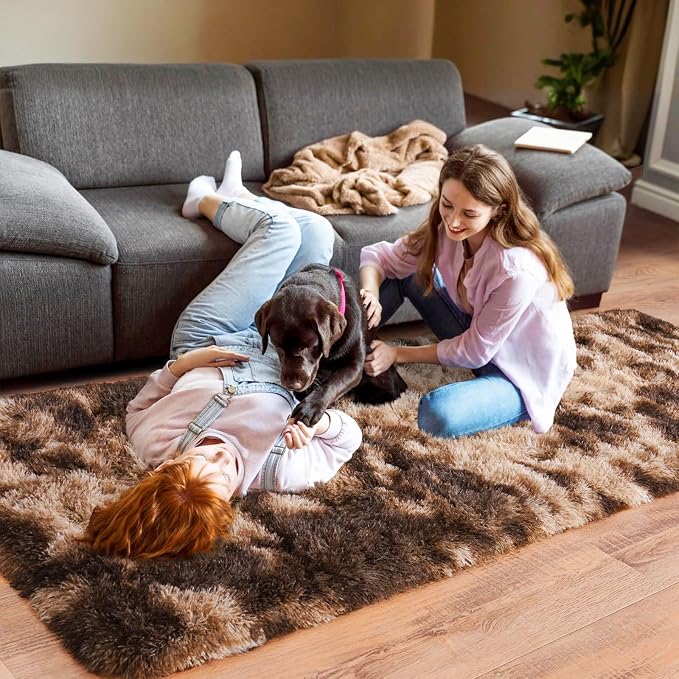 Pionblank Fluffy Runner Rugs for Bedroom 2x6, Tie-Dyed Coffee | Modern Shaggy - Image 4