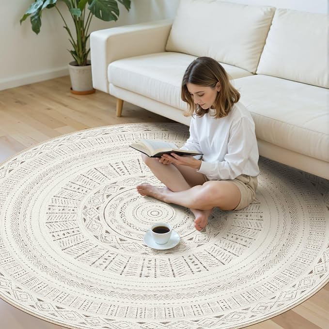 cotiled 6x6 Round Rug 6ft Circle Living Room Boho Area Rugs | Washable Foldable - Image 5