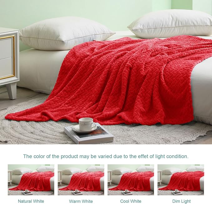 Exclusivo Mezcla Fleece Twin Size Blanket for Bed, 90x66 Inches Soft Cozy Jacquard Flannel Blankets, Lightweight Fuzzy Plush Warm for Winter, Red