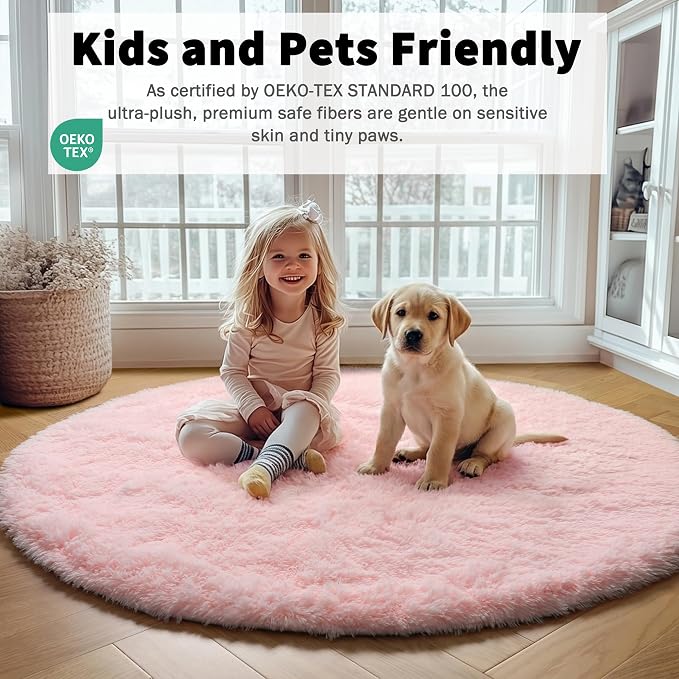 Light Pink Round Area Rugs 5ft for Bedroom Living Room, Fluffy Circle Rug for - Image 4