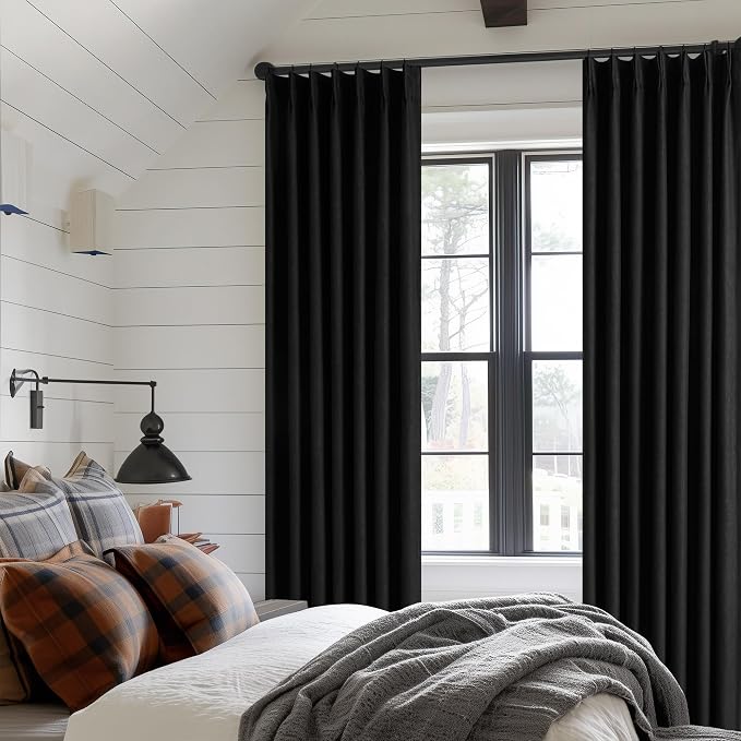 Black Pinch Pleated Full Blackout Linen 80 Inch Window Curtains 2 Panels | 100% - Image 7