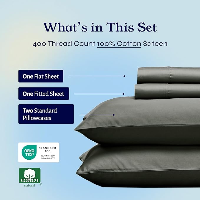 California Design Den Natural 100% Cotton Sheets, Full Size Sheets Set, 400 Thread Count Sateen Bedding, Deep Pockets with All-Around Elastic for a Snug Fit, Cool & Durable Bed Set - Grey