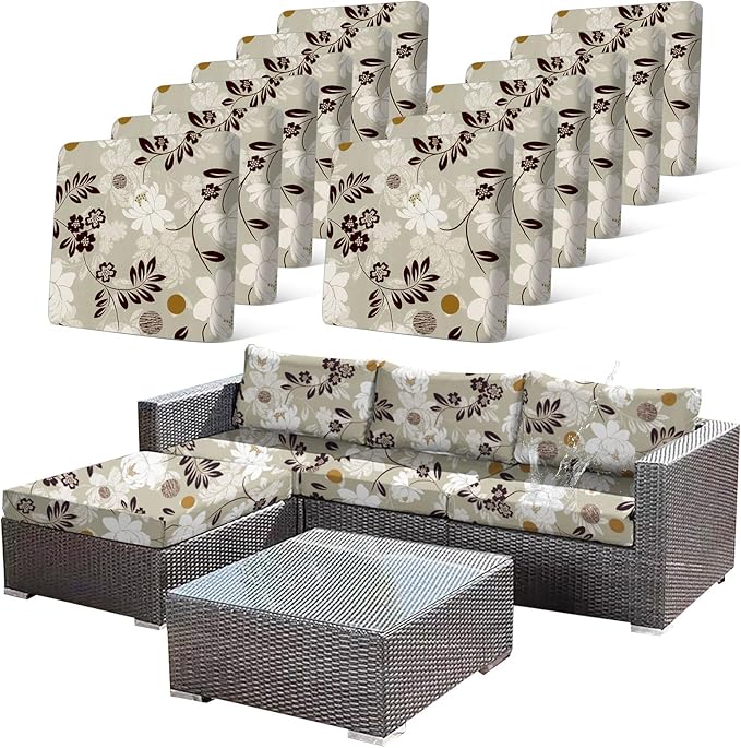CALBODE 12 Pcs Waterproof Patio Cushion Covers, Floral Printed Stretch Outdoor by CALBODE