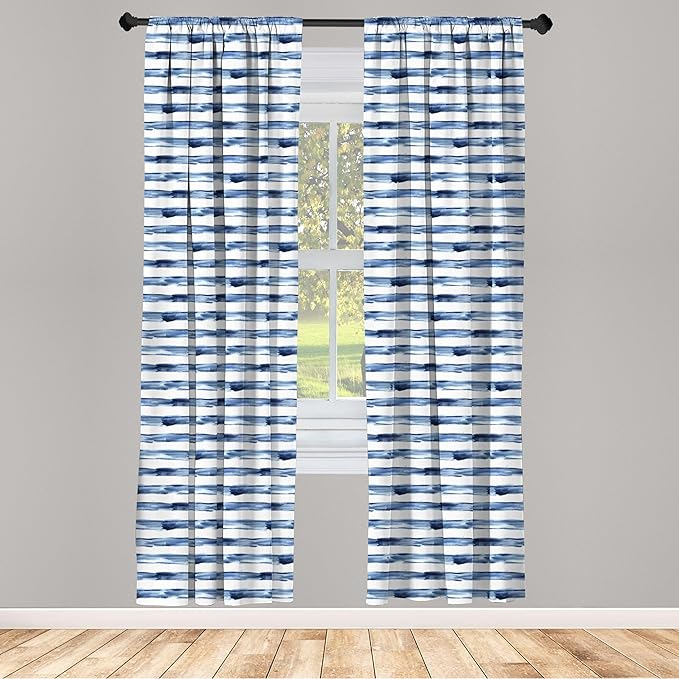 Ambesonne Harbour Stripe Window Curtains, Watercolor Style Paintbrush Stripes Sea Marine Life Lines Image, Lightweight Decor 2-Panel Set with Rod Pocket, Pair of - 28" x 95", Blue Night