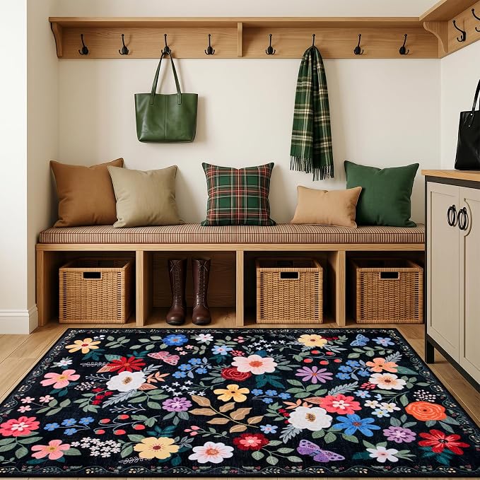 PLHXFR Area Rug Living Room: 3x5 Floral Washable Boho Soft Carpet Black | - Image 5