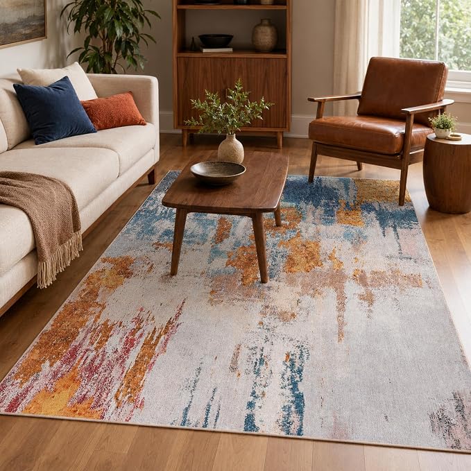 Area Rug 4x6 Orange Blue Rug Washable Boho Rugs Non Slip Low Pile Abstract - Image 2
