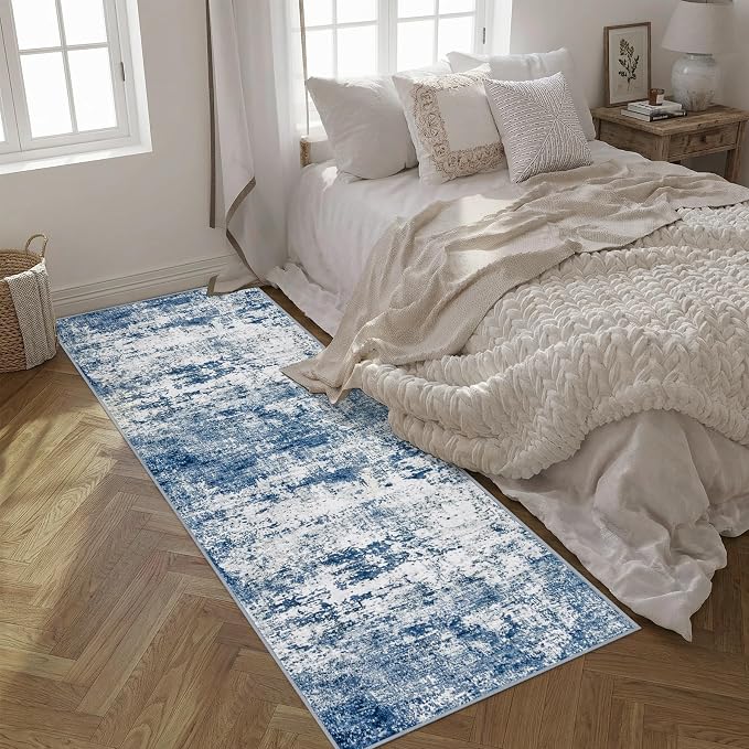 2.6x8 Washable Runner Rug：Modern Abstract Kitchen Soft Carpet Blue | - Image 4