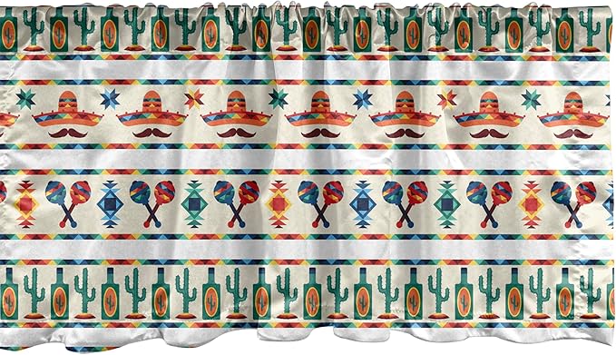 Ambesonne Mexican Window Valance, Latin American Cultural Native Borders Indigenous Saguaro Sombrero Tequila Bottle, Curtain Valance for Kitchen Bedroom Decor with Rod Pocket, 42" x 18", Jade Green