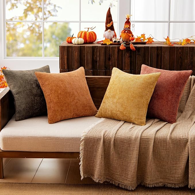 MIULEE Decorative Chenille Fall Pillow Covers Orange Brown 18x18 Pack of 4 | - Image 2
