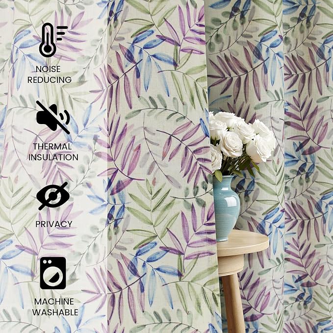 Yakamok 84 Inches Blue and Purple Leaves Linen Curtains - Image 2