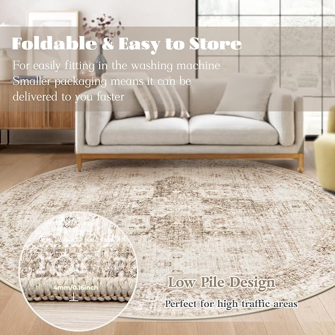 Round Rugs 6ft Washable Rug, Vintage Boho Medallion Rugs Non-Slip Soft Low Pile - Image 7