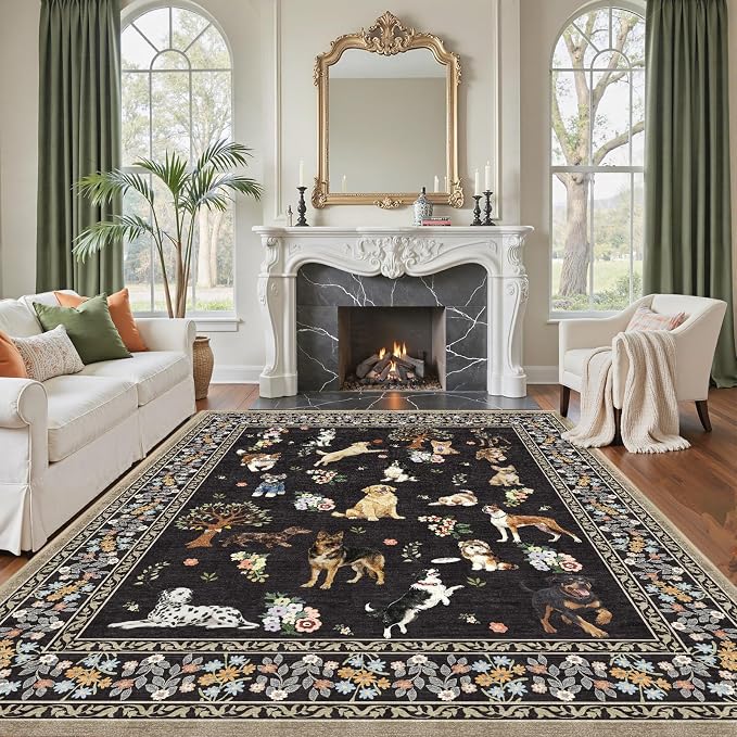 Black Floral Area Rug 8x10 for Living Room Bedroom | Large Soft Dog Rugs for - Image 4