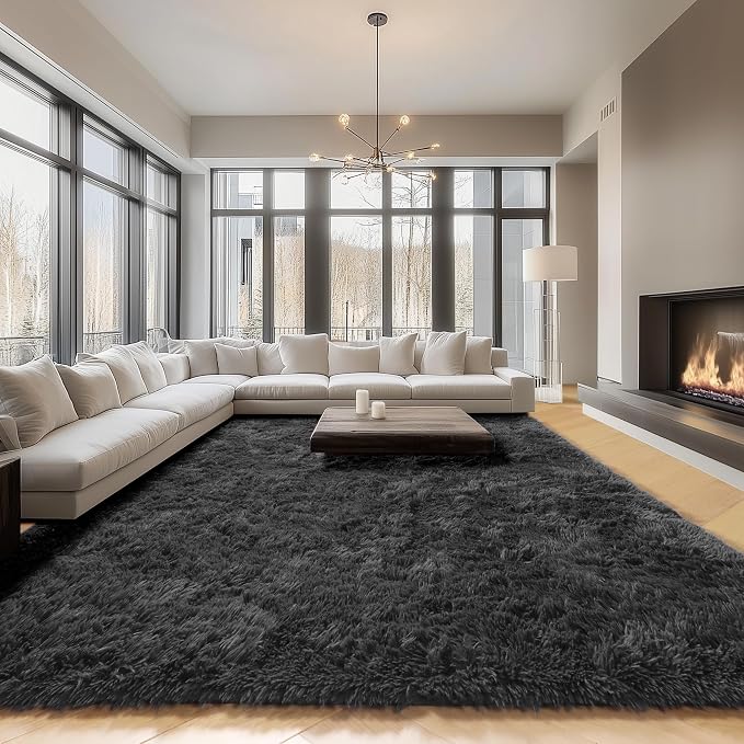 Black Area Rugs 9x12 Living Room, Large Fluffy Shag Bedroom Rug, Soft Plush - Image 4