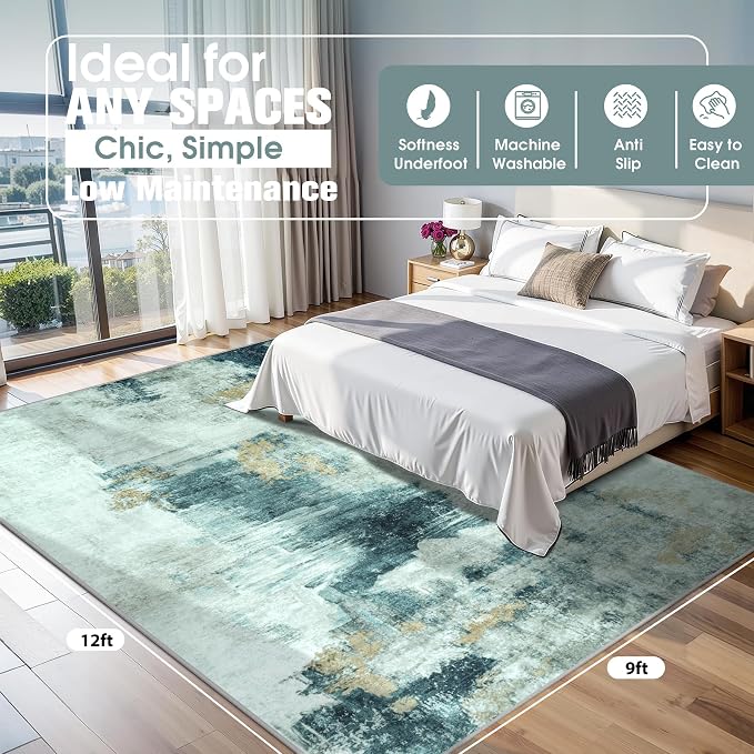 9x12 Area Rugs for Living Room Washable Bedroom Dining Room Teal Grey Gold | - Image 2