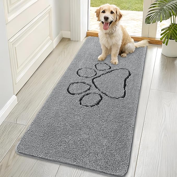 OLANLY Dog Door Mat for Muddy Paws 70x35, Paw Print Design Chenille Mud Mat | by OLANLY