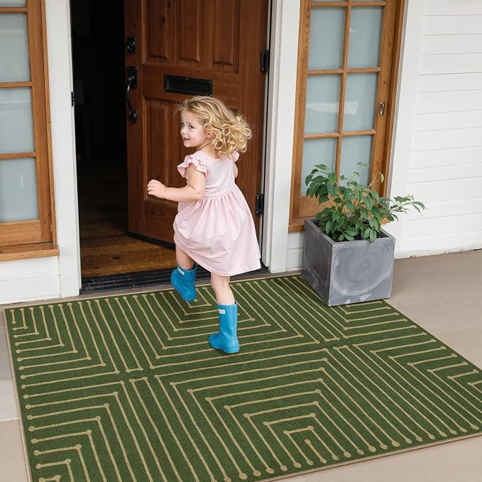 Lahome Green 3x5 Outdoor Rug for Entryway, Rhombus Easy Jute Frotn Porch Rug | - Image 2