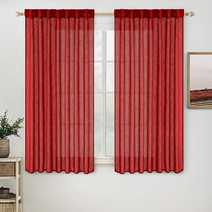MIULEE Red Linen Short Curtains 52x63 Inch Long 2 Panel by MIULEE