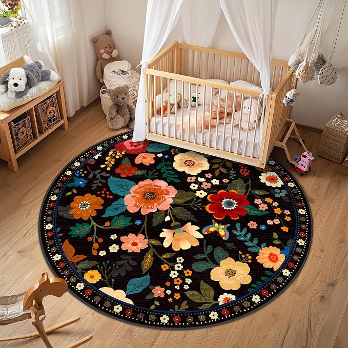 RELEANY Floral Washable Round 4ft Area Rug Black | Flower Carpet Print Boho - Image 8