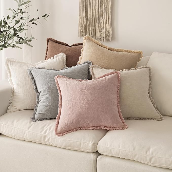 MIULEE Boho Linen Fringe Decorative Throw Pillow Covers Light Pink 18x18 | Set - Image 5