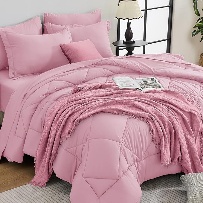 HEVUMYI Pink Queen Comforter Set - 7-Piece All Season Bed in a Bag Queen, Ultra Soft Bedding Set with Comforter, Flat Sheet, Fitted Sheet, Pillowcases, Pillow Shams, Pink