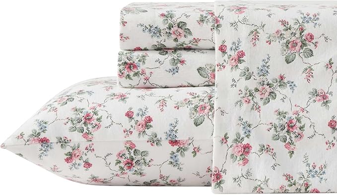 Laura Ashley - Flannel Sheets Queen Size, Anti-Pilling & Wrinkle Resistant Cotton, Touchably Soft for All-Season Comfort - Bed Sheets with Matching Pillowcases & Fitted Sheet (Le Fleur Pink)