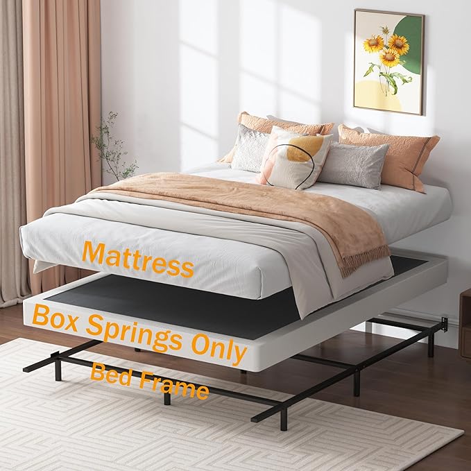 Box Spring Full 5 Inch Low Profile Heavy Duty Metal Mattress Foundation with Easy Clean Fabric Bed Cover, Non-Slip, No Noise, Easy Assembly