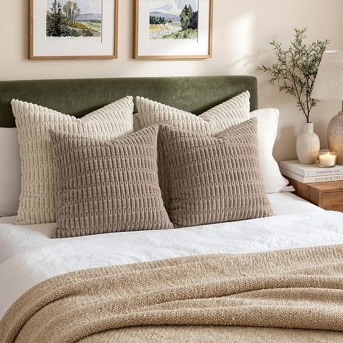 MIULEE Corduroy Decorative Throw Pillow Covers 12x12 Light Brown Pack of 2 | - Image 5