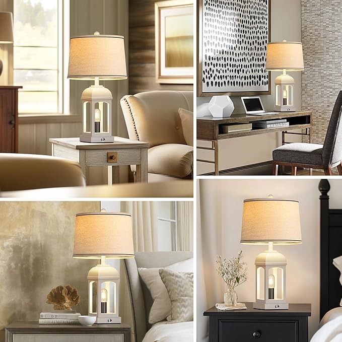 QiMH Table Lamp for Living Room, Farmhouse Lamps Set of 2 with USB A+C and Nightlight, 26" Rustic Bedside Lamps with 3-Way Dimmable, Touch Nightstand Lamp for Bedroom, White