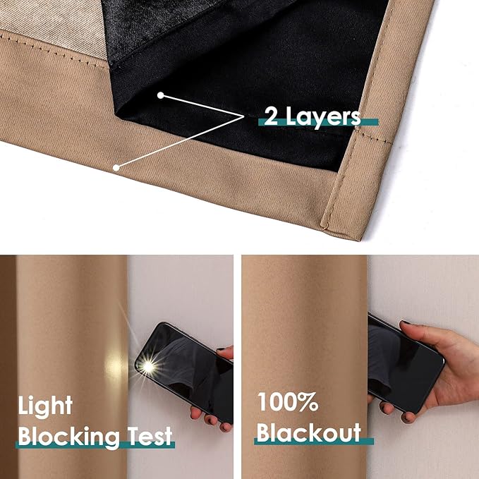 ChrisDowa 100% Blackout Curtains for Bedroom with Black Liner, 2 Thick Layers Total Blackout Thermal Insulated Grommet Window Curtains 2 Panels Set (Cappuccino, 52 x 63 Inch)