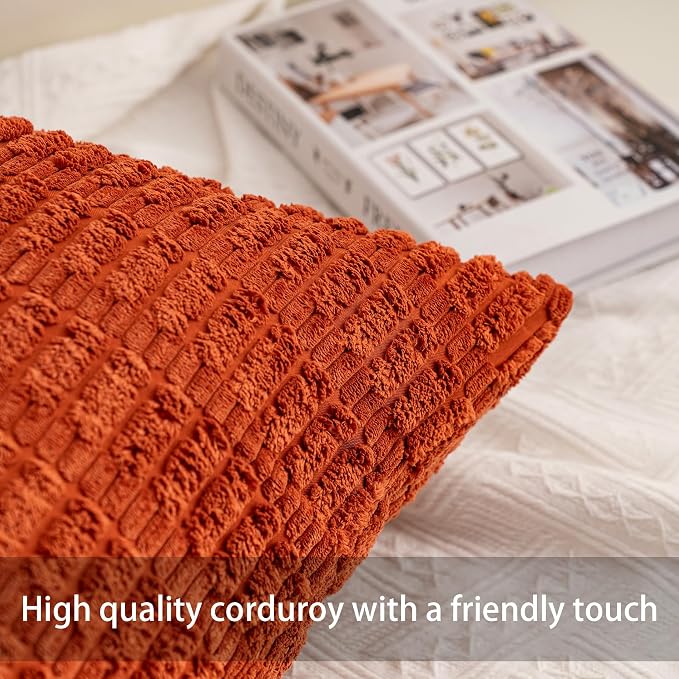 Pack of 2 Corduroy Decorative Throw Pillow Covers 18x18 Inch, Peach Red | Fall - Image 2
