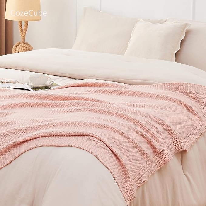 CozeCube Pink Seed Stitch Throw Blanket 60"x80", Farmhouse Decor | Blanket - Image 6