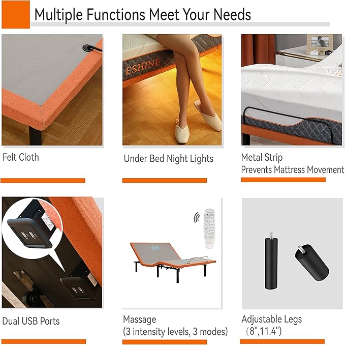King Adjustable Bed Frame Base - Easy to Install in 5 Minutes, Massage, Wireless Remote, Foot&Head Inclined, Zero Gravity, Dual USB Ports, Under Bed Light, 3000 Premium Series