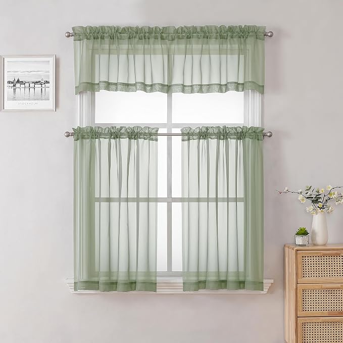 Sage Green Short Sheer Curtains 14 Inch Length 2 PCS, Cafe Kithen Curtains - Image 3