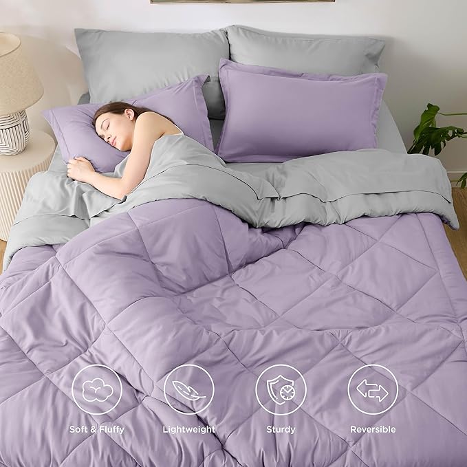 Bedsure Twin Comforter Set - 5 Pieces Reversible Light Purple Bedding, Twin Size Bed Set for All Seasons, Bed in a Bag with Down Alternative Comforter, Sheets, Pillowcase & Sham