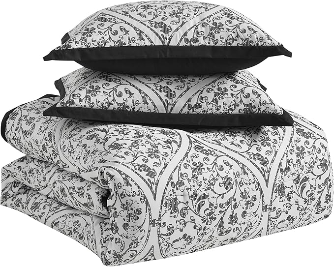 Queen Comforter Set - Complete 7-Piece Bedding Collection - 1 Comforter, 2 Pillow Shams, 1 Bed Skirt & 3 Decorative Accent Pillows - Premium Quality, Queen, Black/White Damask