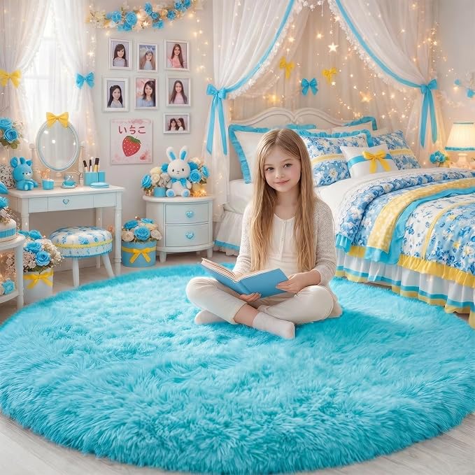 Amdrebio Blue Large Fuzzy Round Circle Area Rug 6Ft by Amdrebio