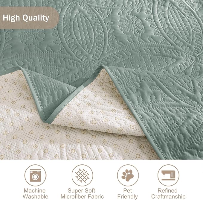 Sage Blue Quilted Sofa Cover, Anti-Slip Medallion Designed Couch Covers - Image 6