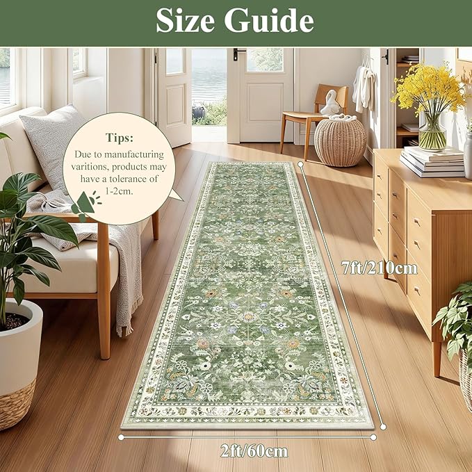 Yamaziot 2x7 Washable Hallway Runner Rug Non Slip Floral Carpet, Sage Green | - Image 2