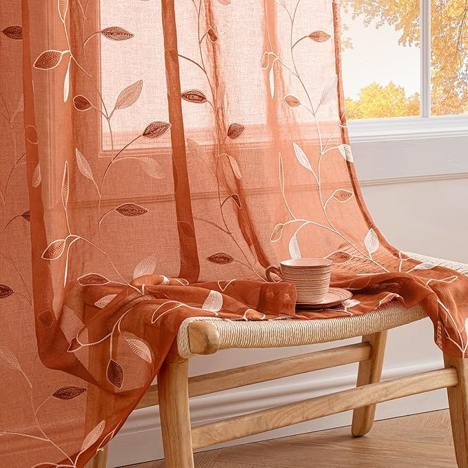 MIULEE Burnt Orange Sheer Fall Curtains 2 Panels Leaf Patterned, W52 x L84 | by MIULEE