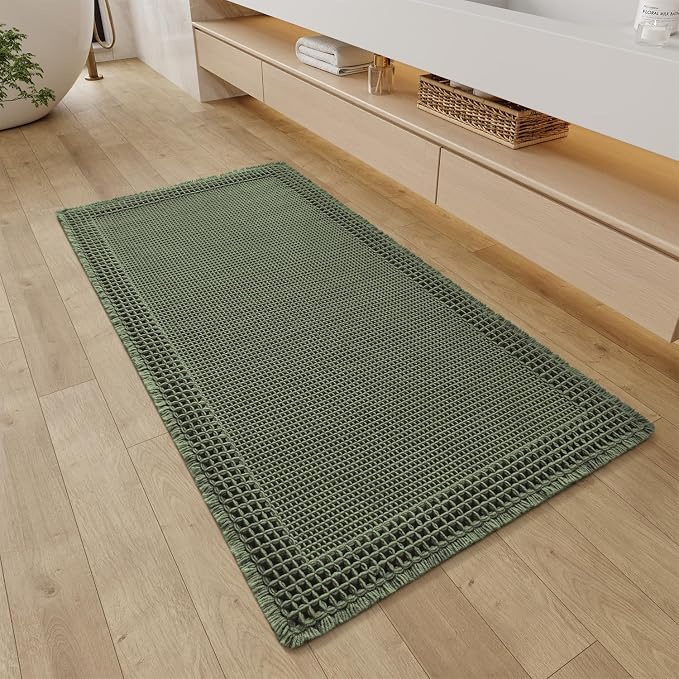 RESARE Waffle Bathroom Runner Rugs, Non Slip Boho Bath Mat 24"x48" Green | Long by Resare
