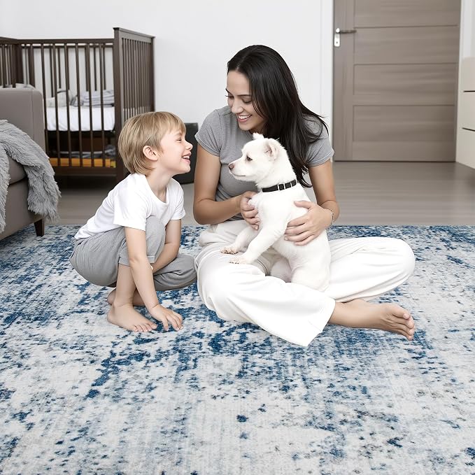 Round Area Rug Living Room: 5 ft Modern Washable Carpet Blue | - Image 7