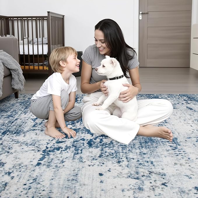 Round Area Rug Living Room: 4 ft Modern Washable Carpet Blue | - Image 7