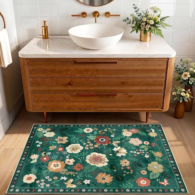 RELEANY Floral Washable 2x3 Area Rugs Doormat DarkGreen | Flower Carpet Print - Image 7