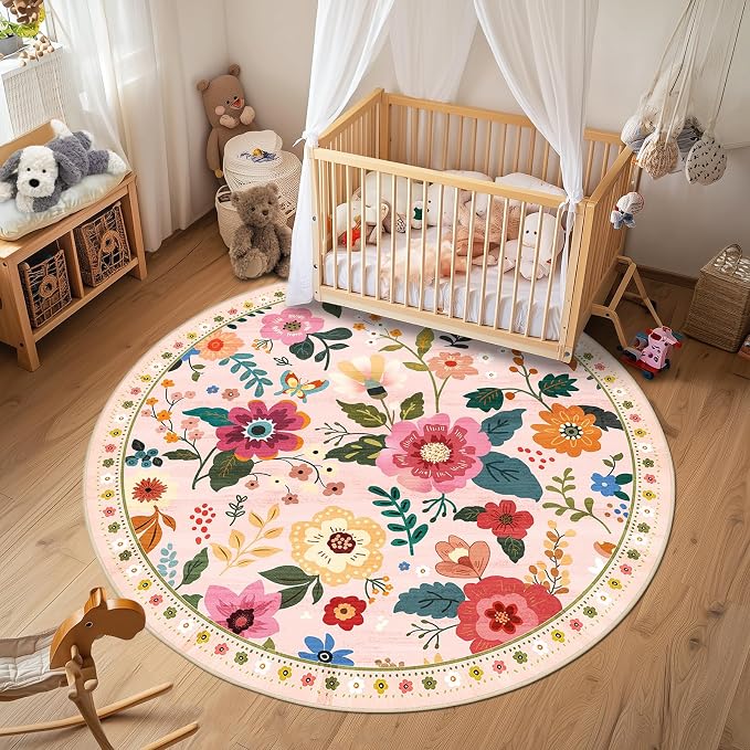 RELEANY Floral Washable Round 4ft Area Rug Pink | Flower Carpet Print Boho Cute by RELEANY